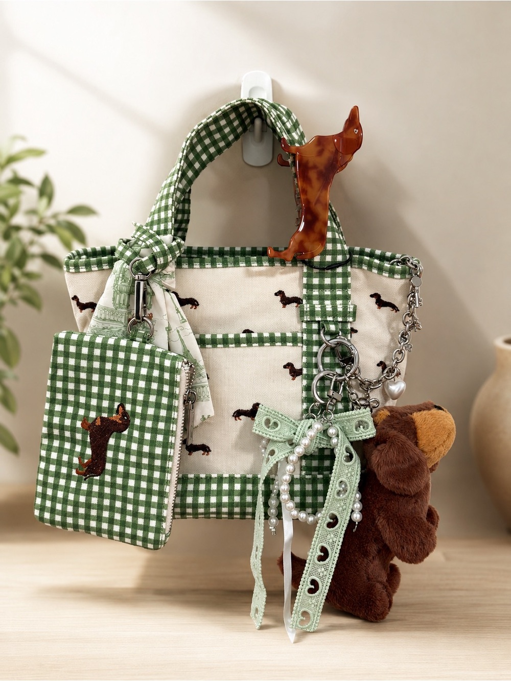 Green Gingham Dachshund Mini Tote Bag